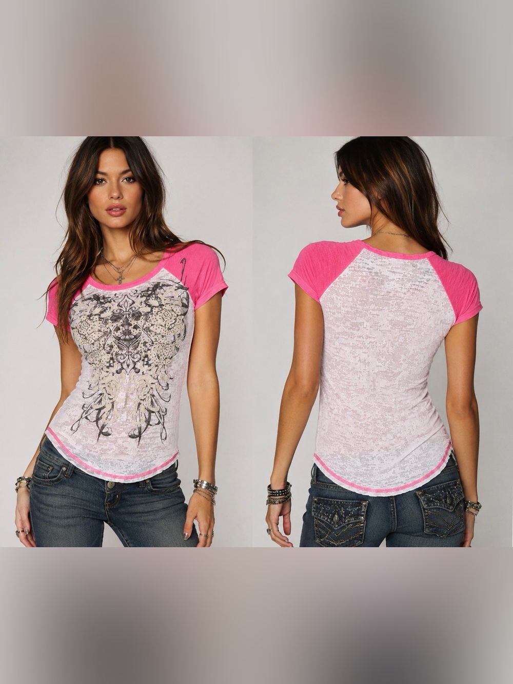 Y2K Daytrip Graphic Tee Size Small Pink Burnout S/S Top Boho Embellished Rayon